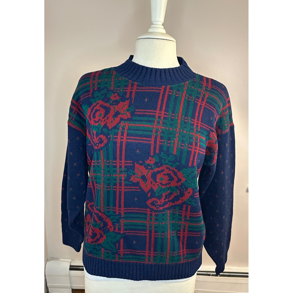 Cape Cod Sportswear Vintage Navy Plaid Rose Knit Sweater Mock Neck Womens